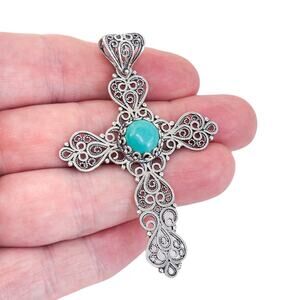 Vintage Turkey Sterling Silver 925 Filigree Turquoise Cross Pendant